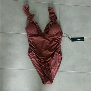 Fashion Nova Ruffled One Piece in Burgundy
